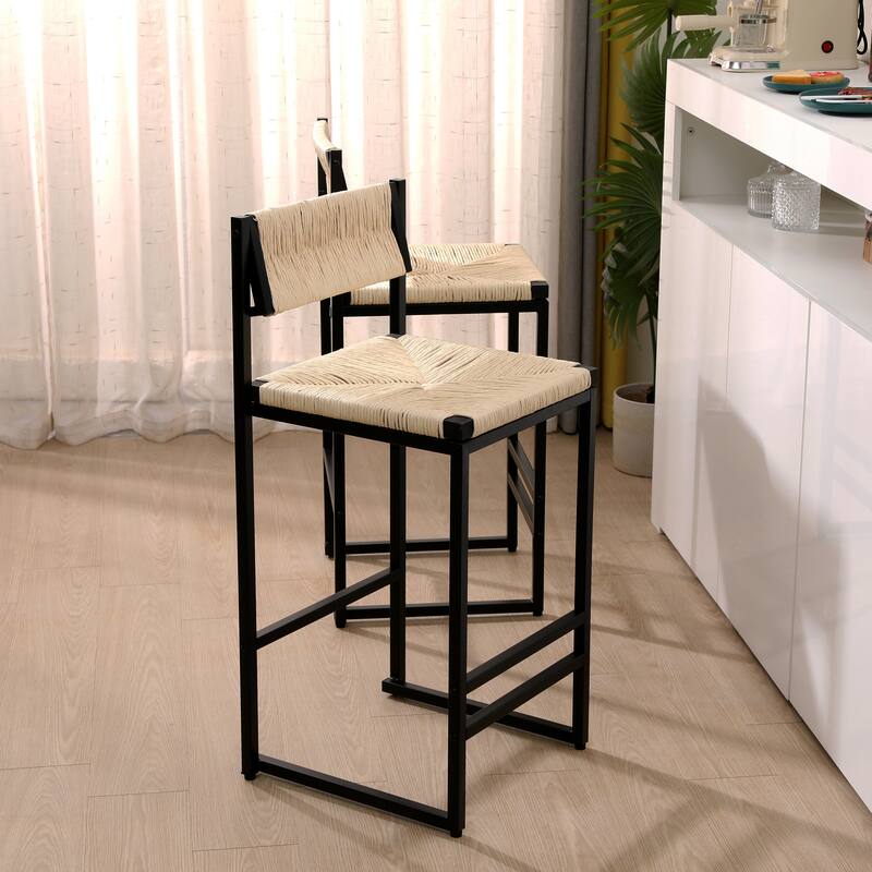 Bar Stools Set of 2 Paper Rope Weave Dining Chairs with Back Hand Weave Stools for Kichen Island, Bar & Counter