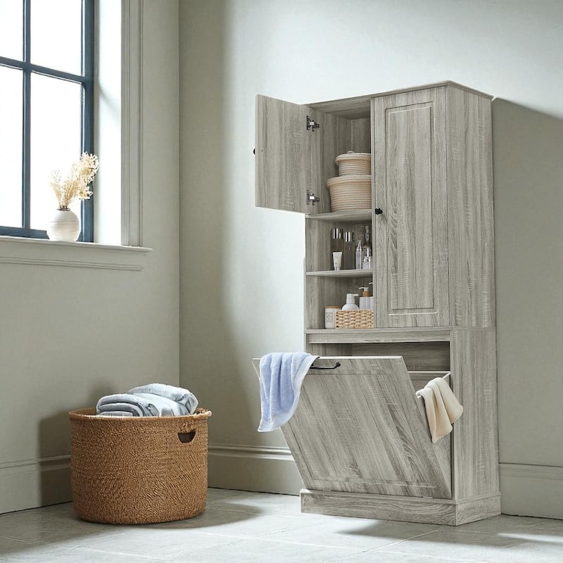 Tall Storage Cabinet with Adjustable Shelves and Flip-Out Basket, MDF Organizer with Enclosed Cabinets & Modern Handles