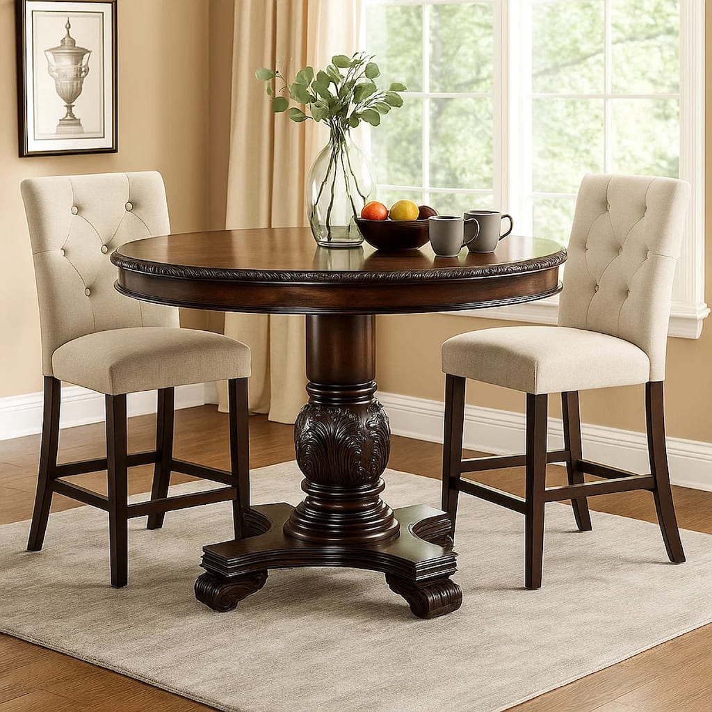 Loki 48 Inch Round Counter Height Table, Espresso Brown Carved Wood Frame