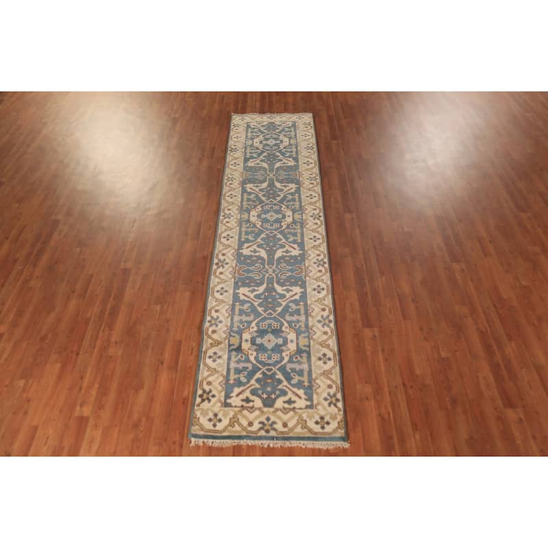 Light Blue Oushak Indian Runner Rug Handmade Wool Carpet - 2'7" x 10'2"