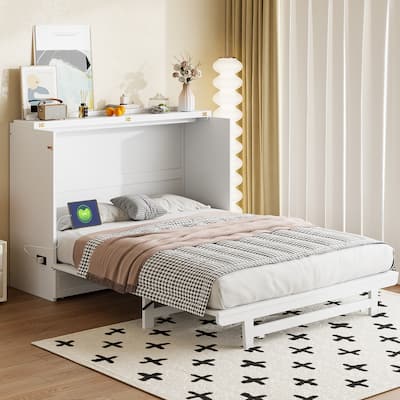 Queen Size Folding Murphy Bed Cabinet with USB Charging Ports, Storage Drawer & Wheels, Space-Saving Convertible Design
