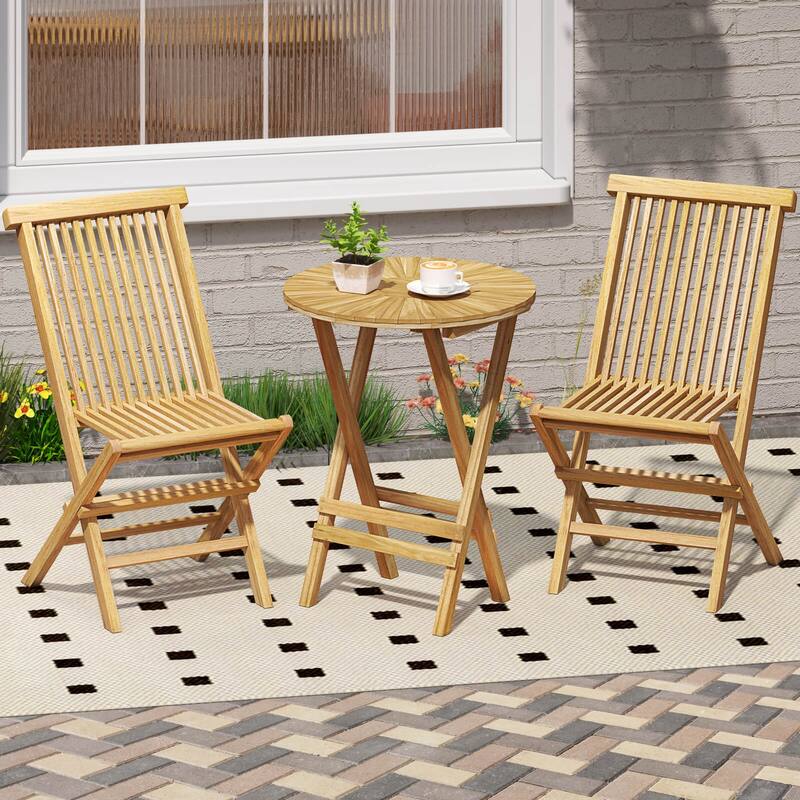 Costway 3 PCS Folding Patio Bistro Set Teak Wood Round Table and - See Details - Natural