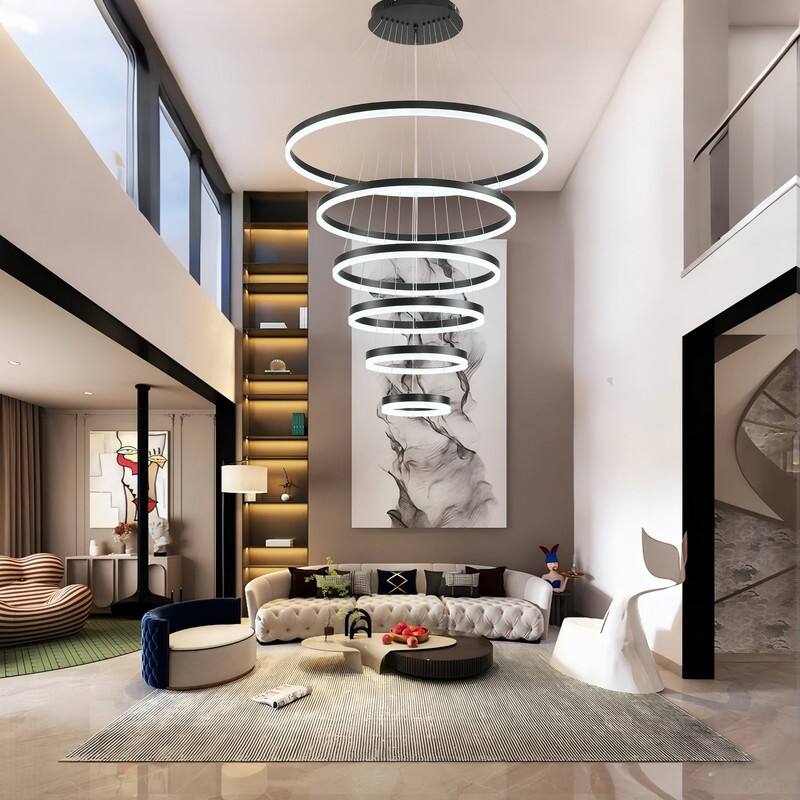 Modern Ring LED Chandelier Ring Adjustable Ceiling Light with Remote Control for High Ceilings
