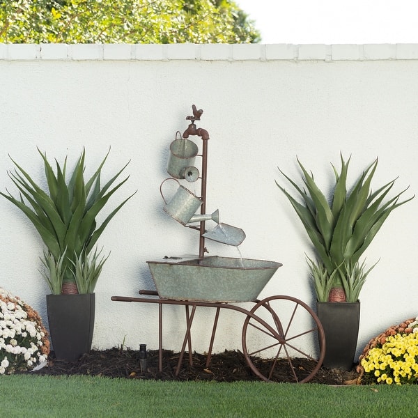 slide 2 of 14, Alpine Corporation 36" Tall Rustic Wheelbarrow and Watering Can Fountain Yard Decoration