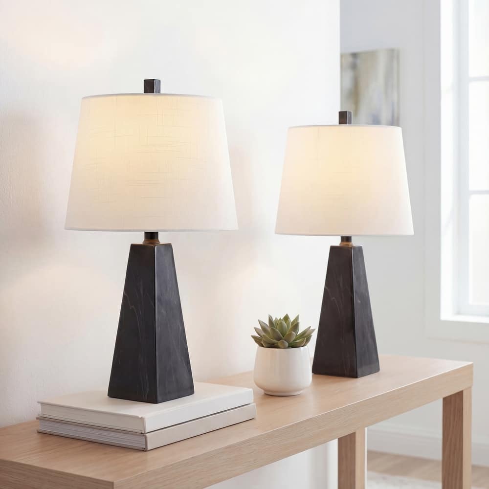 JONATHAN Y Stewart 20.5" Contemporary Resin LED Table Lamp, White Marble Finish (Set of 2)