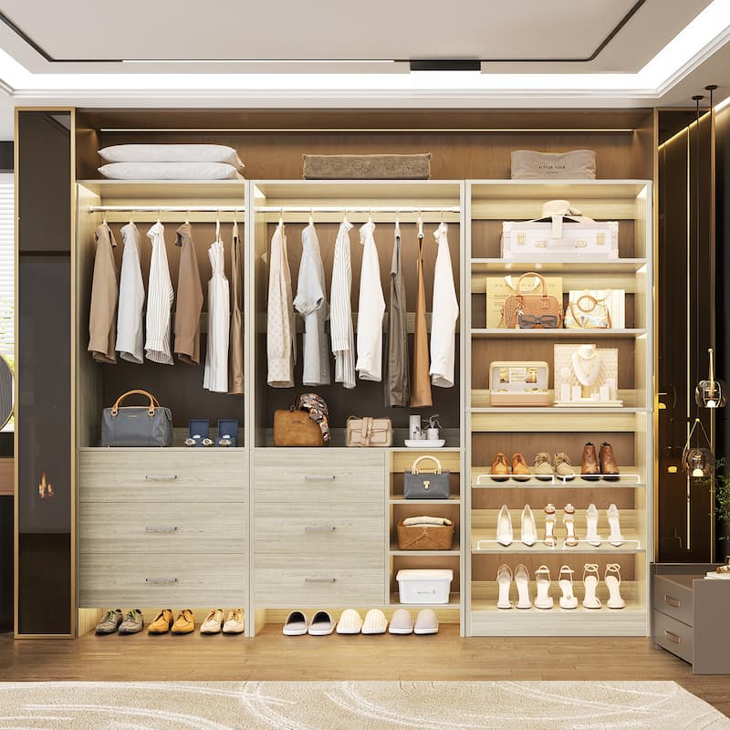 Set of 3 Closet System with Drawers and Shoe Rack, Freestanding Closet Organizer with Hanging Rods and Tower Shelves