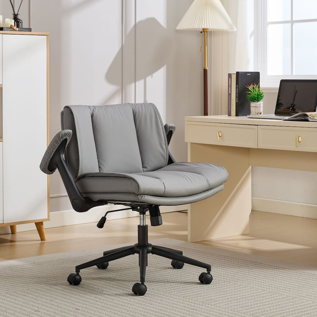 Cross Legged Office Chair on Wheels with Flip-Up Armrests Leather and Wide Seat