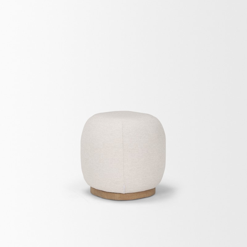 Siren Cream Fabric w/ Light Brown Wood Round Pouf