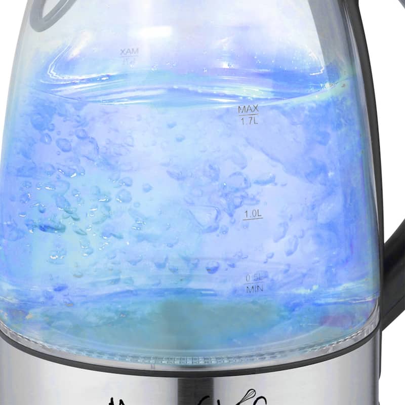 1.7L Rapid Boil Cordless Serving Electric Glass Tea Kettle in Silver