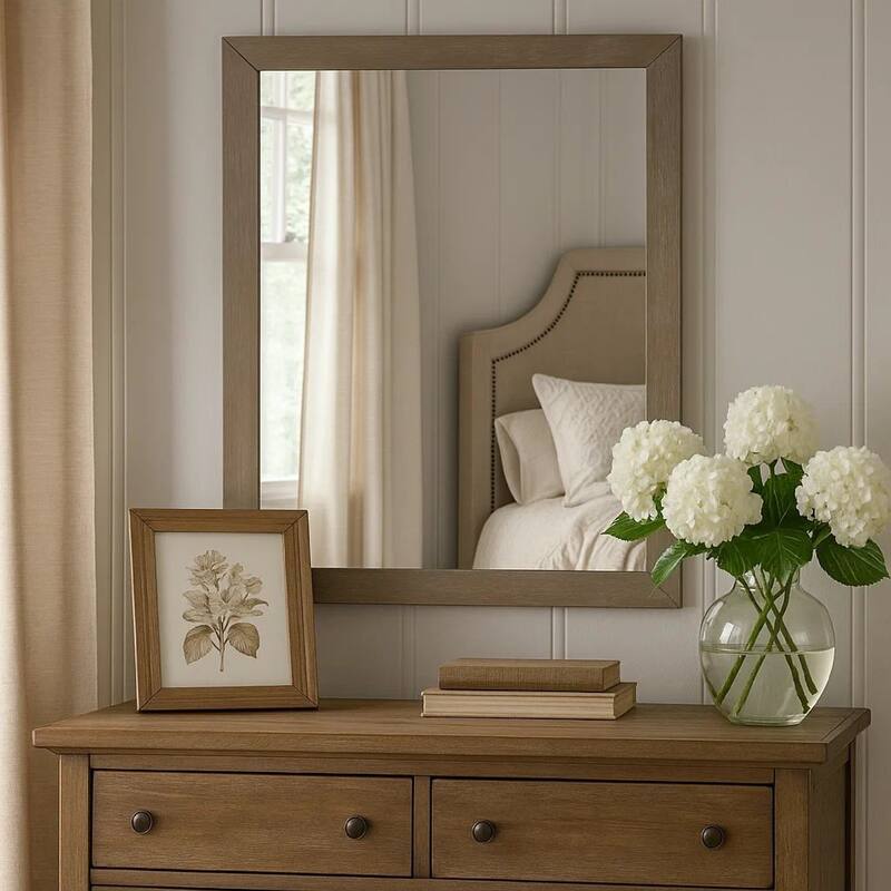 Wall Mirror with Wooden Frame and Grain Details, Natural Brown