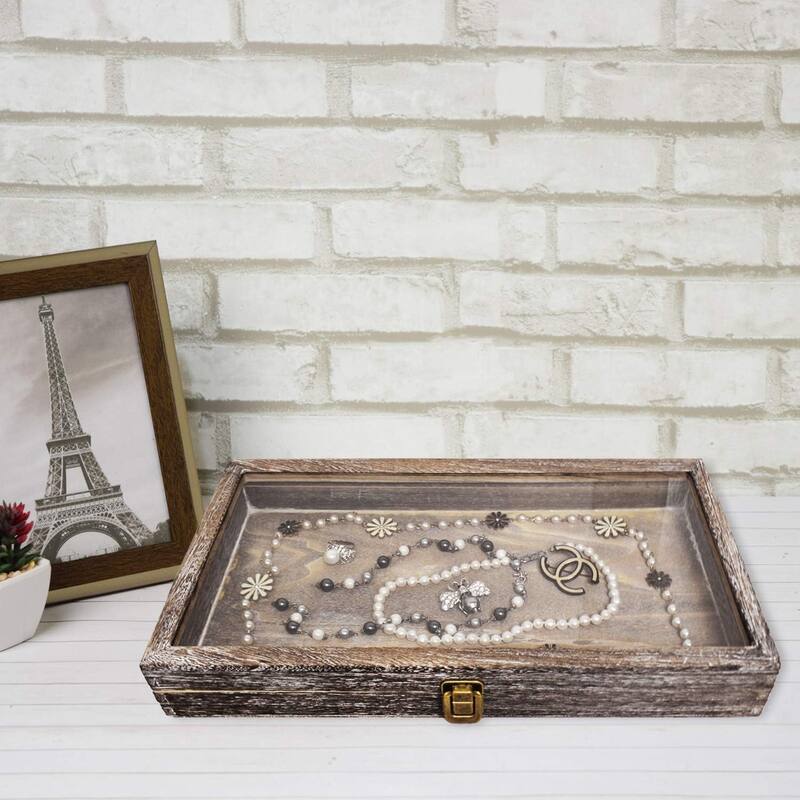 Wood Glass Top Jewelry Display Case Accessories Storage for Collectibles - S