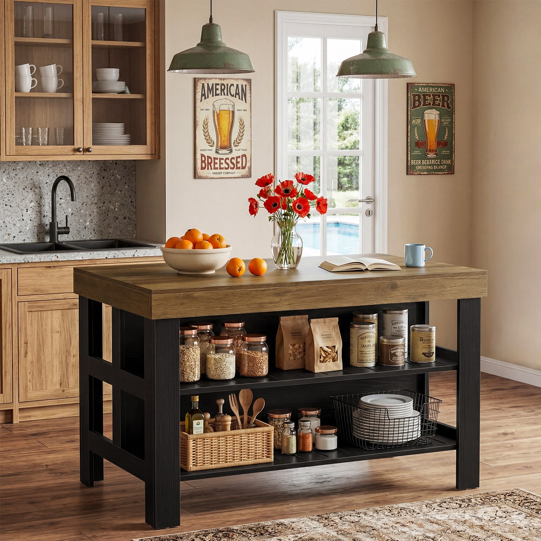 55.1-Inch Kitchen Island with Storage, 3-Tier Farmhouse Island Table wtih Large Countertop