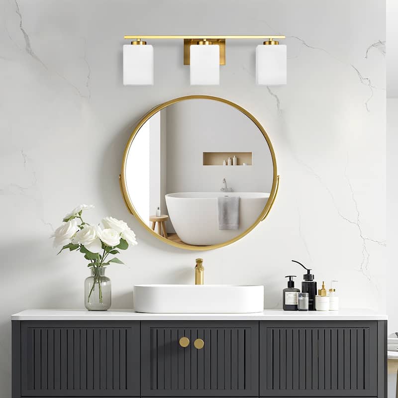 Brushed Nickel Indoor Bathroom Vanity Lights with Etched White Glass Square Rectangle Shades