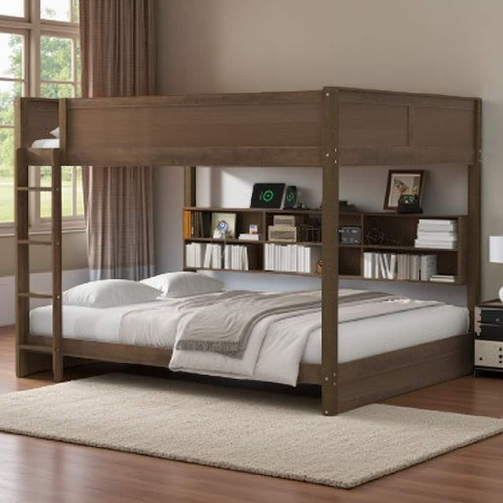 Queen Over Queen Bunk with Built-in Charging Ports, Shelving & Guardrails, Wood Construction