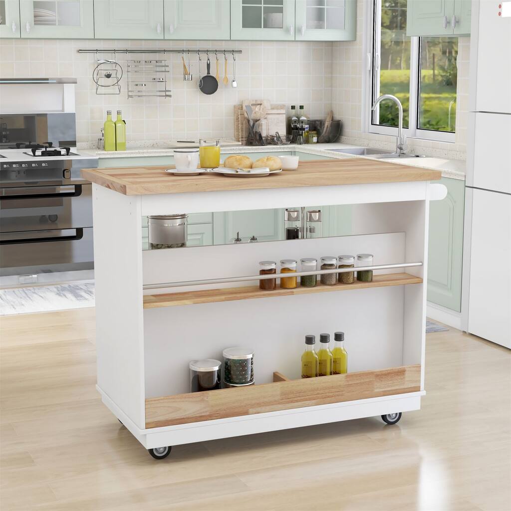 Rolling Mobile Kitchen Island Solid Wood Top with 2 Drawers