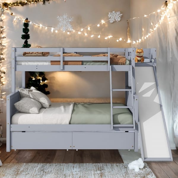 slide 2 of 8, Space-Saving Twin over Full Bunk Bed Rubber Wood Bunk Bed with Slide and 2 Storage Drawers Grey