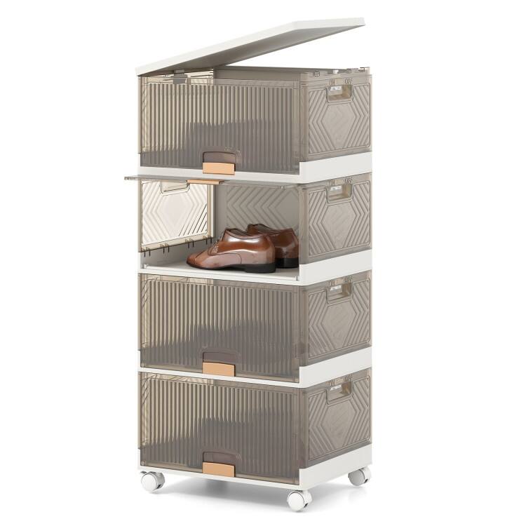 White-Brown PP and ABS Stackable Storage Bin with Wheels, Foldable Cubes