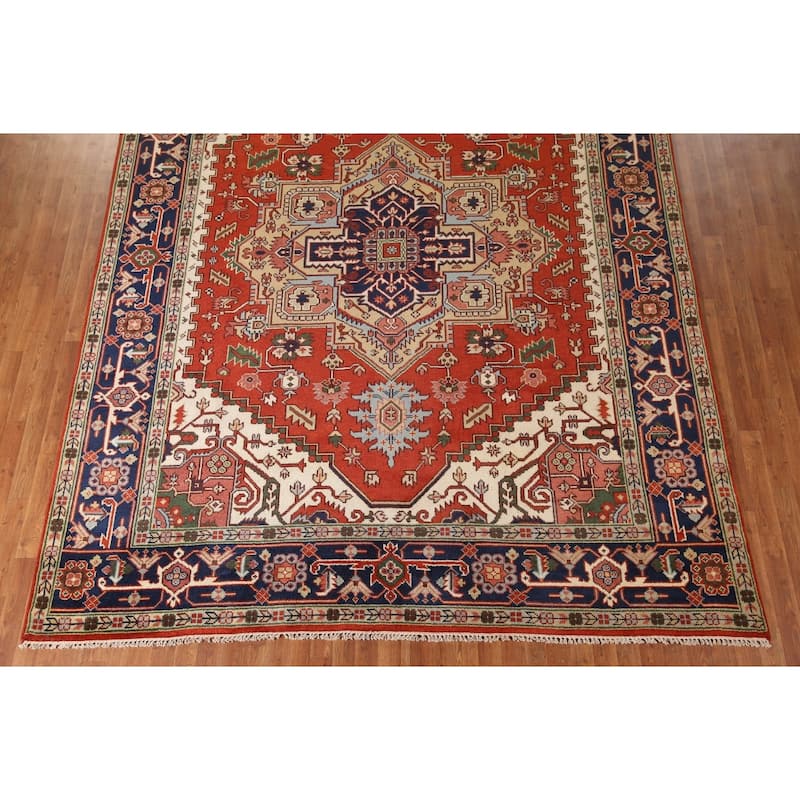 Orange Geometric Heriz Serapi Area Rug Handmade Oriental Wool Carpet - 9'0"x 11'8"
