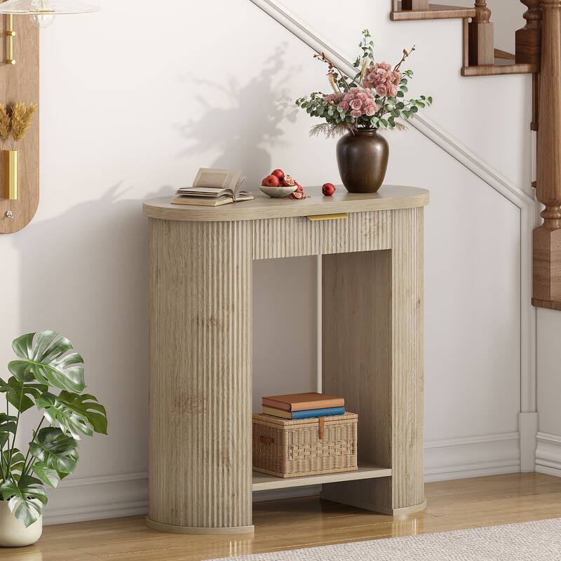 Moasis 2-Tier Fluted Console Table Narrow Sofa Table with Drawer and Storage Shelf for Entryway