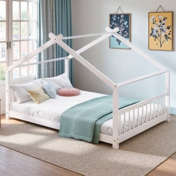 slide 2 of 10, Full Size Kids' House-Style Bed with Sturdy Pinewood Frame and Playful Roof Design, White Finish White