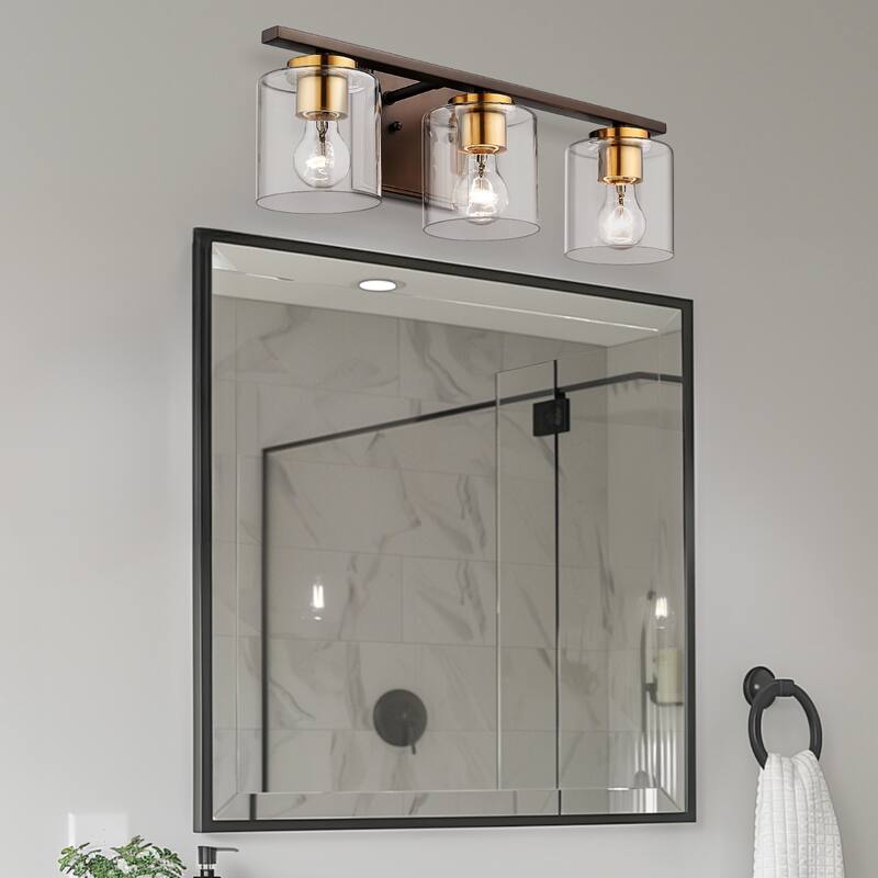 3-Light Bathroom Vanity Light Fixtures, Farmhouse Vanity Light with Clear Glass Shade, Oil Rubbed Bronze and Gold Finish