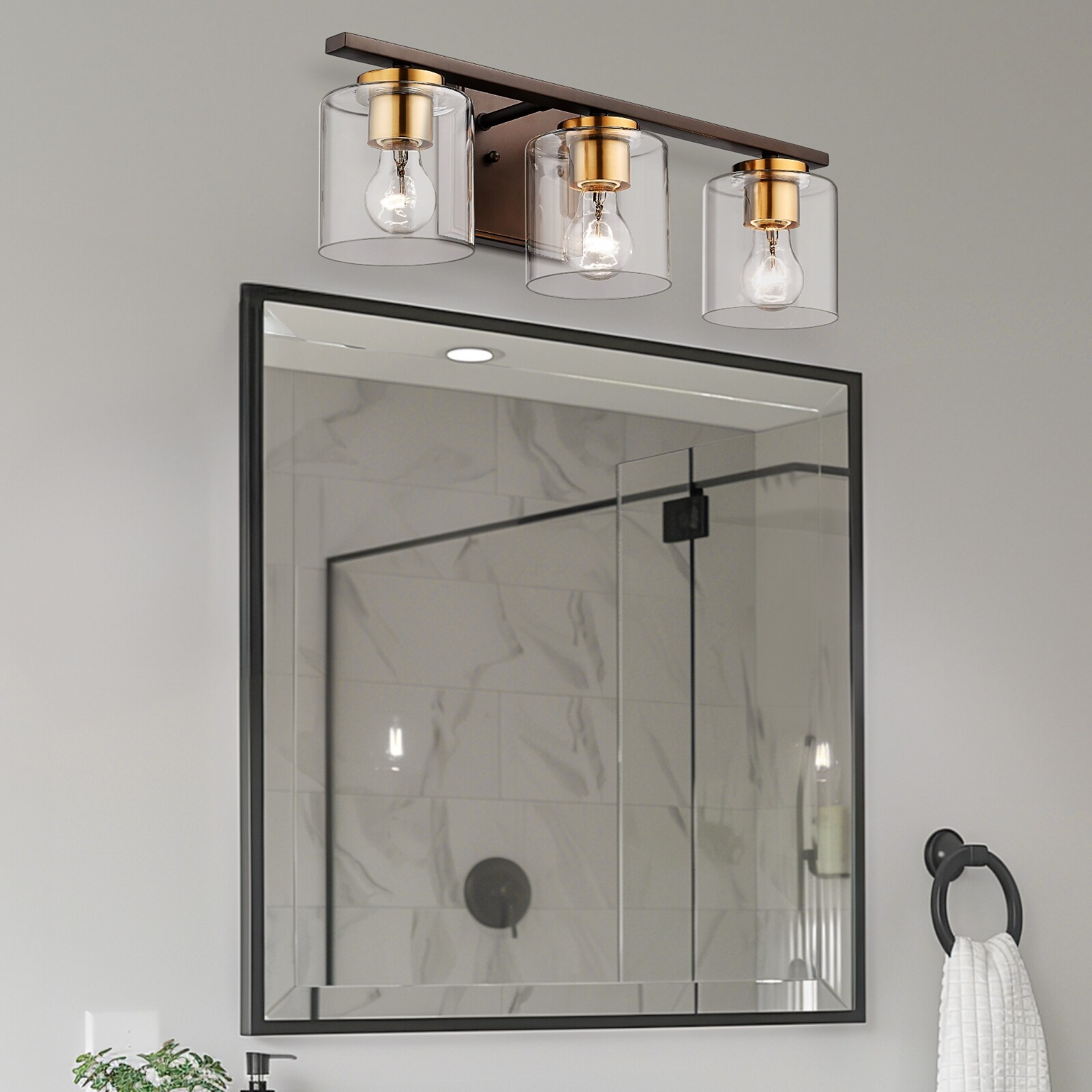 JAZAVA 3 Light Bathroom Vanity Light Fixtures Farmhouse Vanity Light with Clear Glass Shade Oil Rubbed Bronze and Gold Finish Size Oil Rubbed