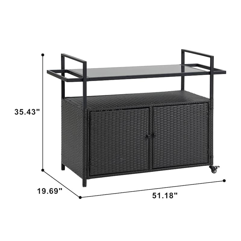 Outdoor Patio Wicker Bar Cart with Storage Cabinet and Glass Top, Rolling Rattan Beverage Bar Table w/360掳 Wheels & Open Shelve