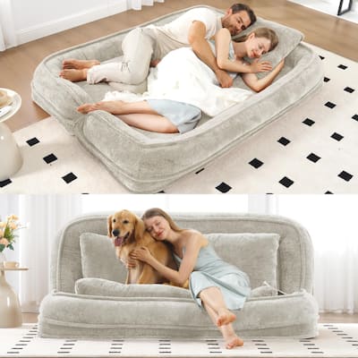 Pet Friendly Lazy Loveseat Sofa 2-in-1 Chenille Floor Couch Double Human Sleeper Bed with 5 Adjustable Position, Plump Pillows