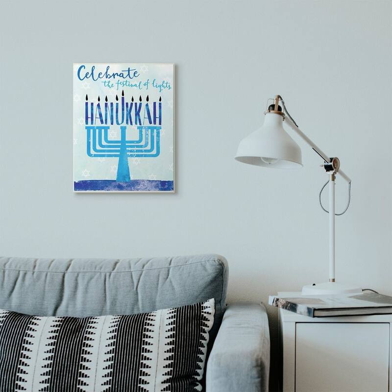 Stupell Festival Of Lights Hanukkah Holiday Menorah Blue Word Design Wood Wall Art, Proudly Made in USA