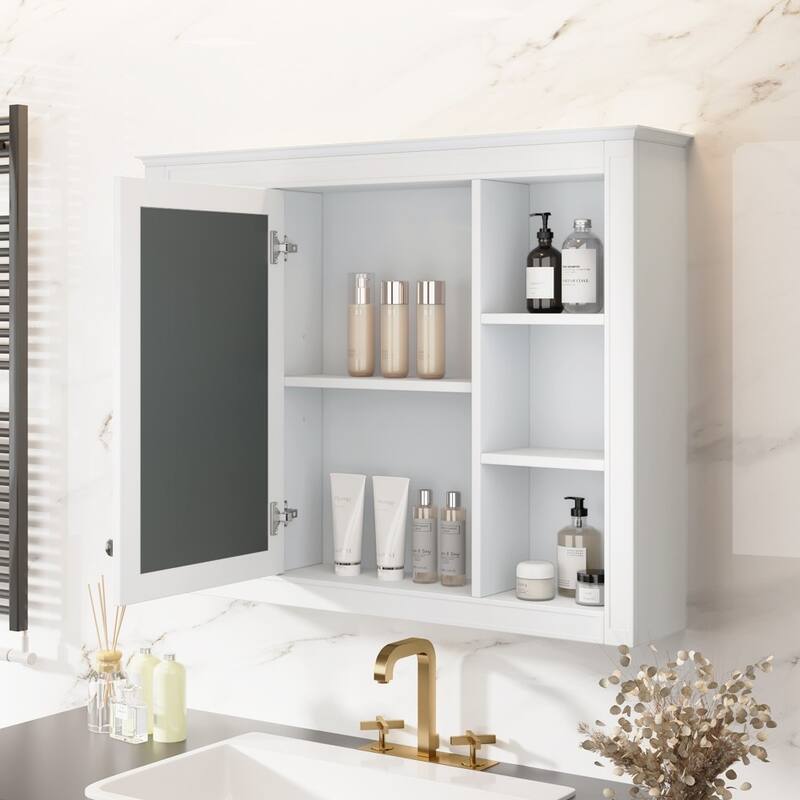 35'' Wall Mounted Bathroom Storage Cabinet with Mirror and 6 Open Shelves