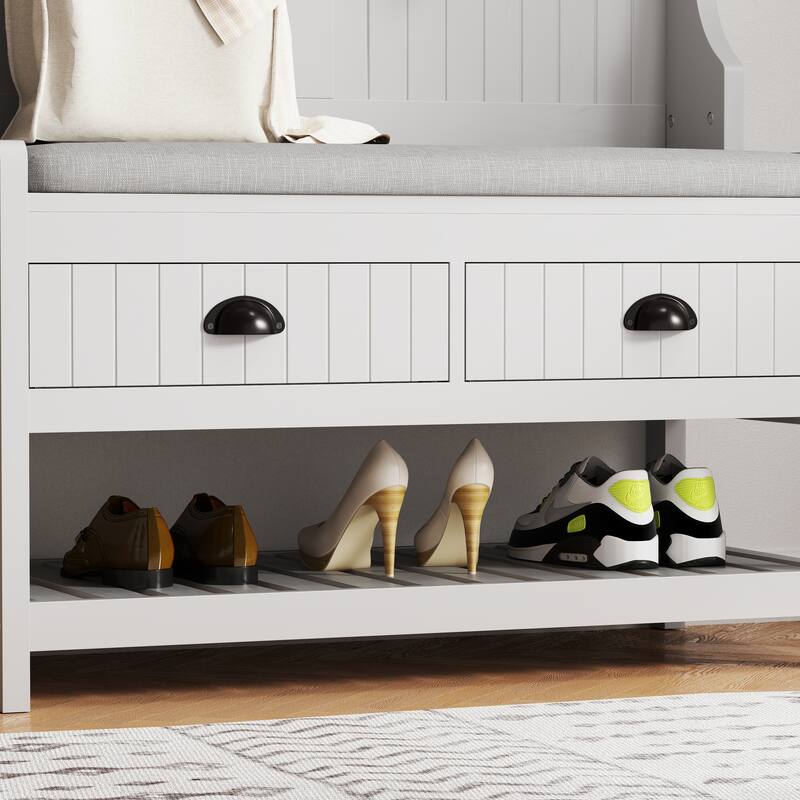 3-in-1 Hallway Hall Tree with 2 Storage Drawer and 4 Coat Rack,Shoe Rack Bench with Padded Seat Cushion,with Top Storage Shelf