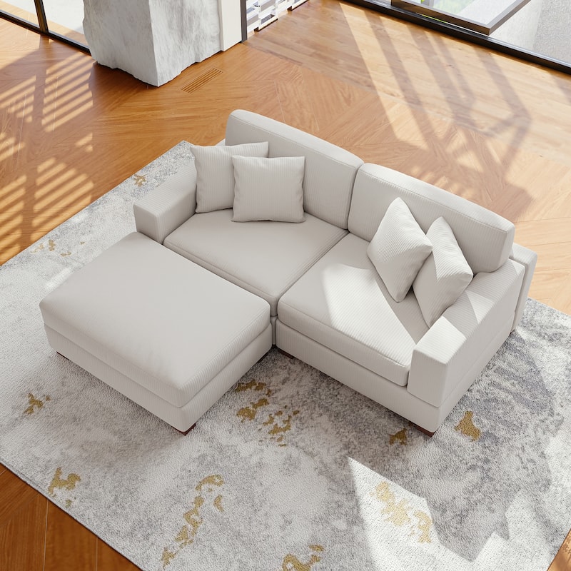 Modular Corduroy Sectional Sofa Set Chaise Couch with Ottoman