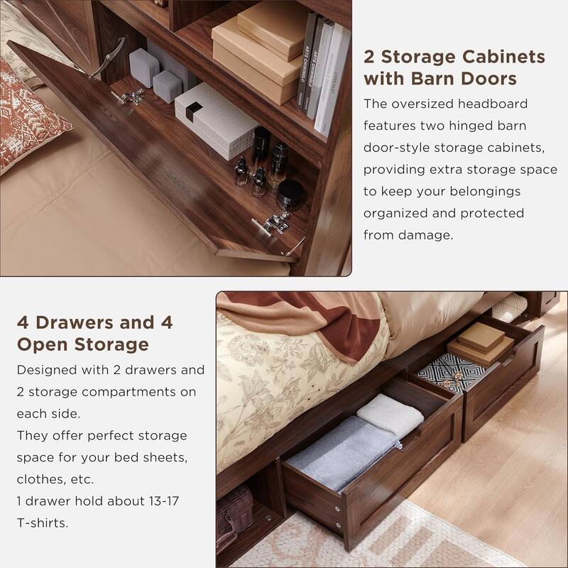 Farmhouse Queen Size Wood Bed Frame with Storage Headboard and Drawers