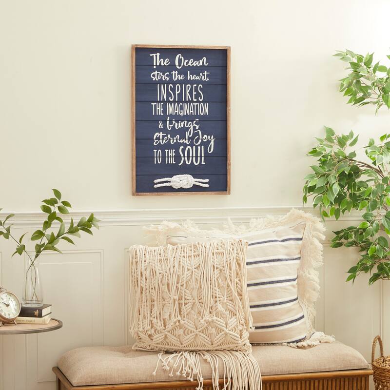 Blue Wood Ocean Sign Home Wall Decor with Knotted Ropes