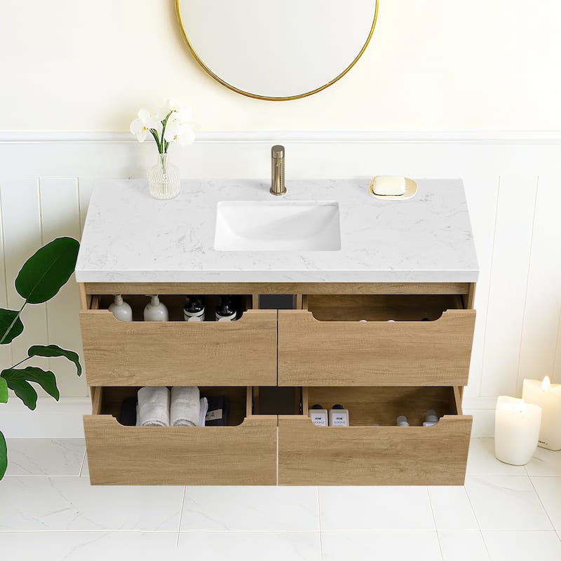 24"36"48"60"72"84" Floating Bathroom Vanity with Engineered Top Rectangulare Sink Solid Wood