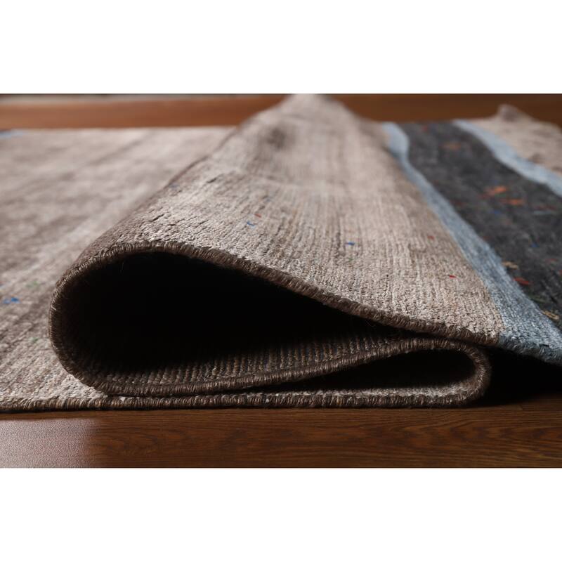 Hand Knotted Oriental Viscose Silk Carpet Tribal Stripe Greys & Charcoal Gabbeh Area Rug - 9' 7'' X 8' 5''