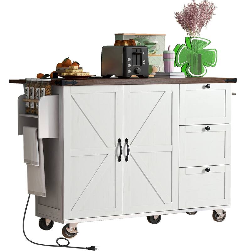 Rolling Kitchen Island with Folding Drop Leaf, Wooden Storage Cabinet with Power Outlet, Internal Storage Rack and Spice Rack