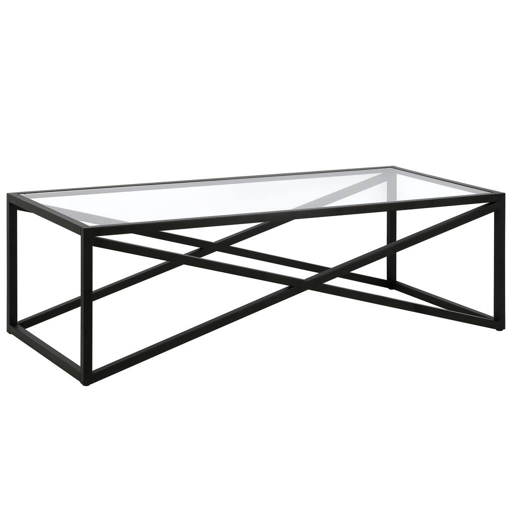 54-Inch Rectangular Black Glass Coffee Table with Sturdy Steel Base - 45” x 20” x 18”