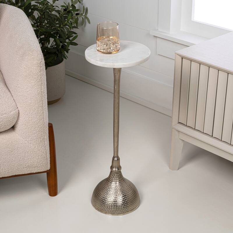 23.75″ Metal Pedestal Drink, End Table w/ White Marble Round Top & Hammered Base, By JONATHAN Y - Nickel