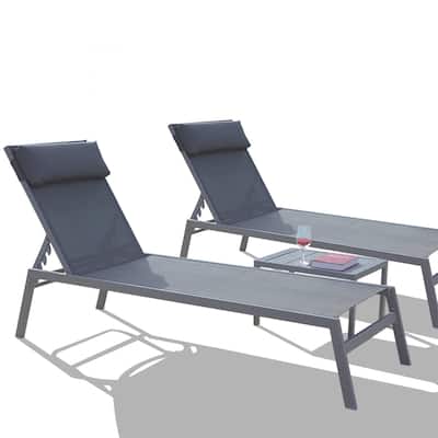 Outdoor Patio Chaise Lounge Set, 3 Pieces Adjustable Backrest Pool Lounge Chairs with Headrest, 1 Table