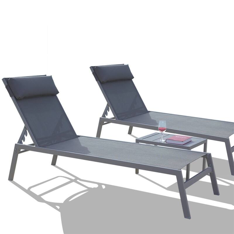 Patio Chaise Lounge Set, 3 Pieces Adjustable Backrest Pool Lounge Chairs Steel Textilene Sunbathing Recliner With Headrest