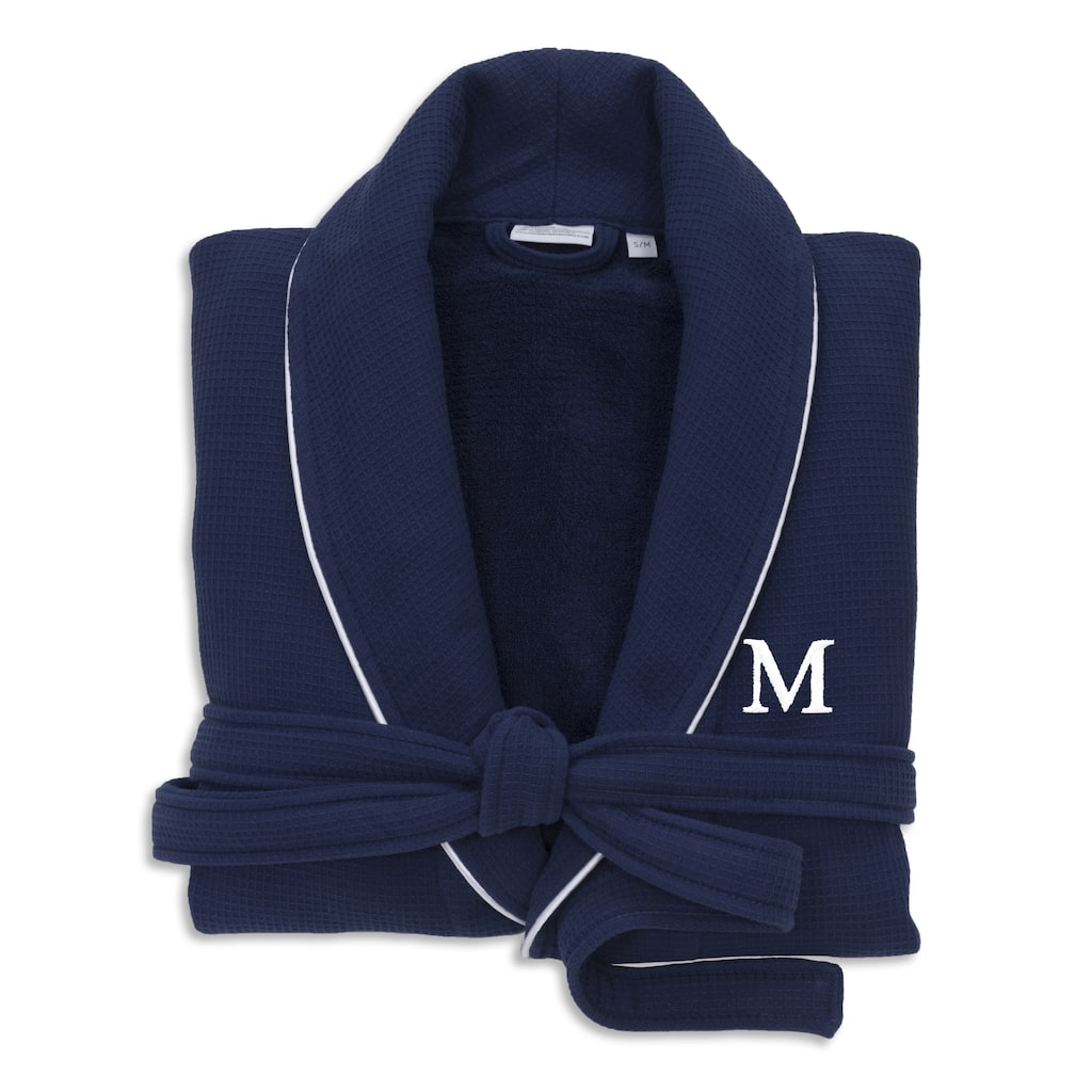 Authentic Hotel and Spa Navy Blue Unisex Turkish Cotton Waffle Weave Terry Bath Robe with White Block Monogram