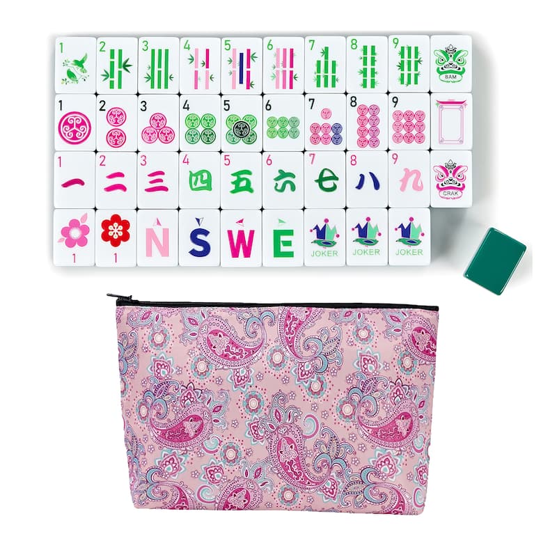 Sweet Jojo Designs American Mahjong Tile Set (160pc) 1.25in. Layered Acrylic with Paisley Travel Bag - Cute Luxury Green & Pink