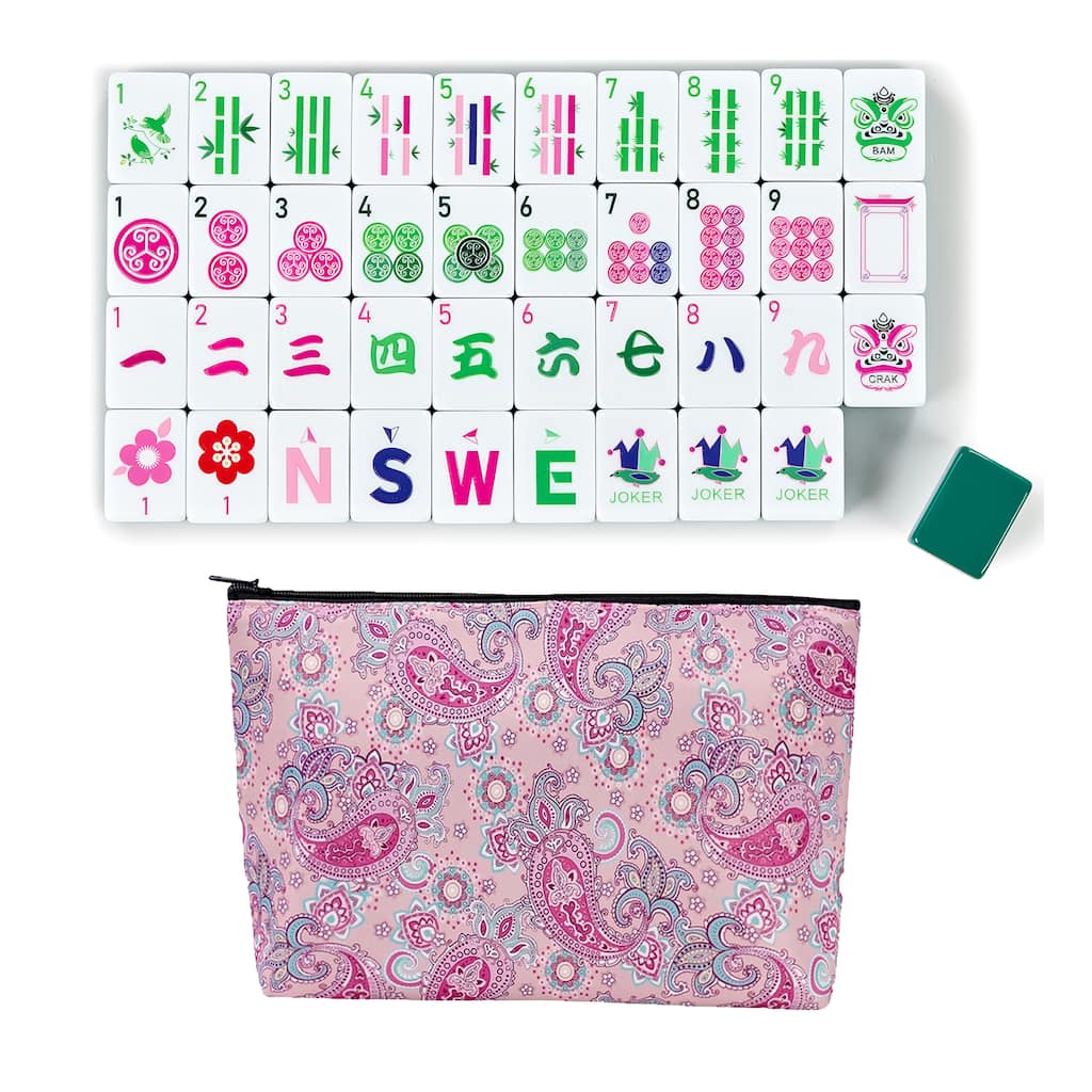 Sweet Jojo Designs American Mahjong Tile Set (160pc) 1.25in. Layered Acrylic with Paisley Travel Bag - Cute Luxury Green & Pink