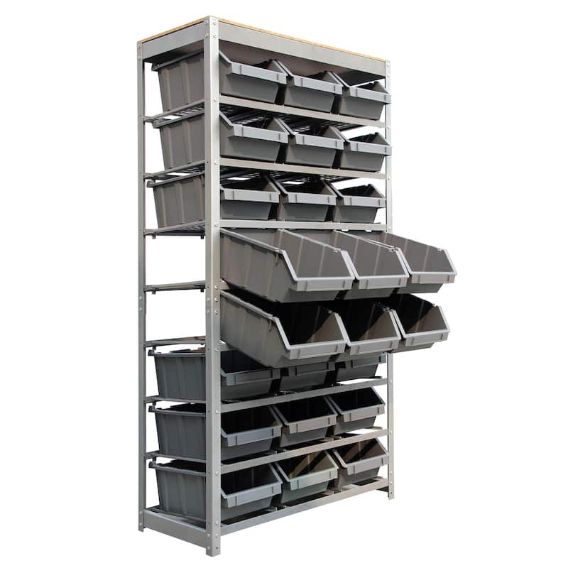 King's Rack Bin Rack Storage System Heavy Duty Steel Rack Organizer Shelving Unit w/ 24 Plastic Bins in 8 tiers.