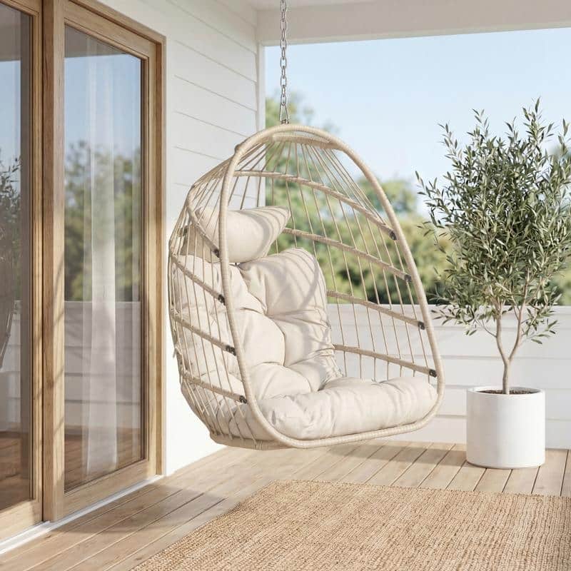 Indoor Hanging Egg Chair Without Stand, 350 lbs Capacity, Wicker Egg Swing Chair with Cushion for Living Room and Bedroom - Beige