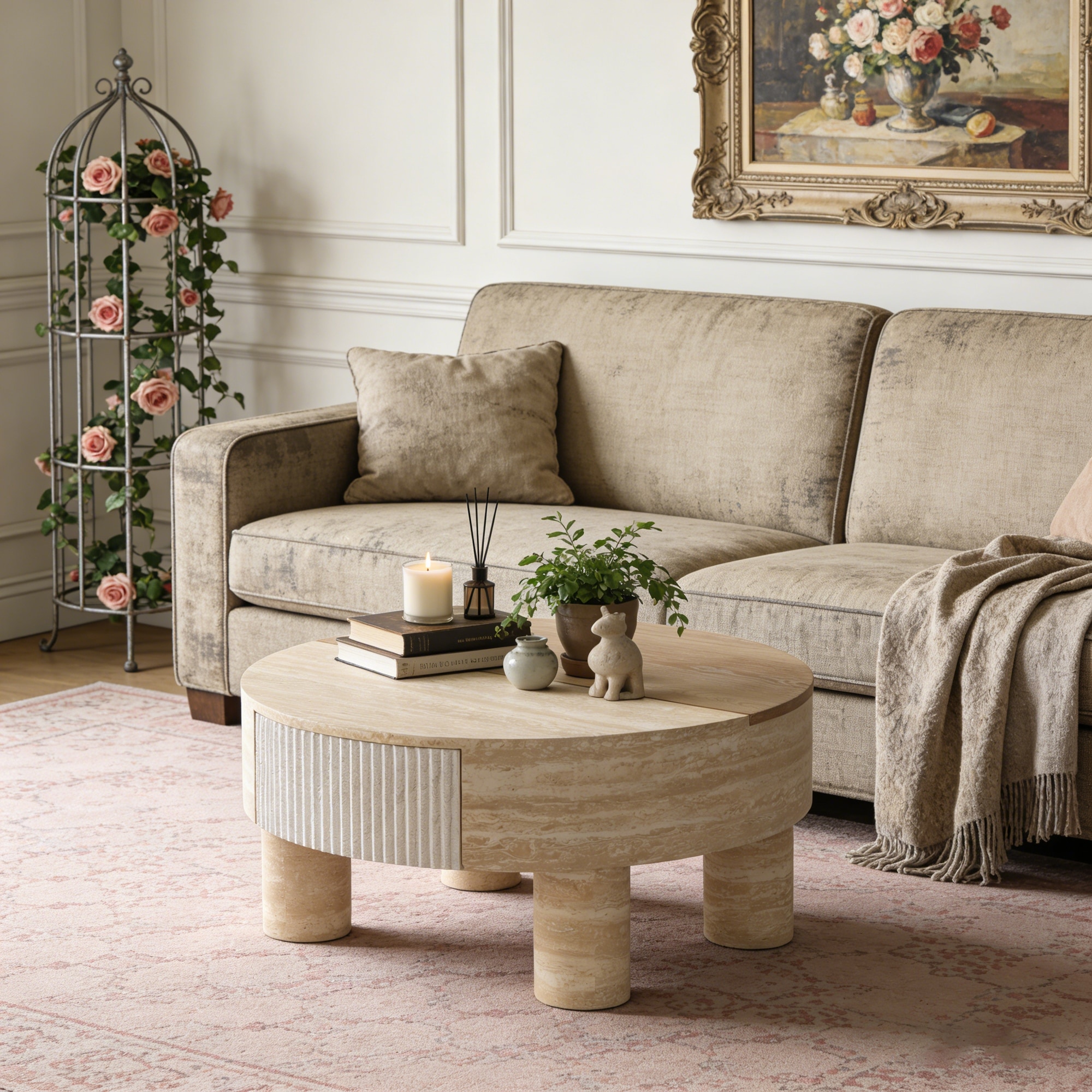 GDFStudio - Modern Round Lift-Top Coffee Table with Hidden Storage and Fluted Design