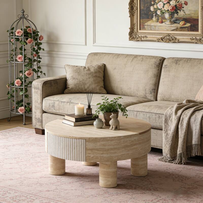 Round Coffee Table With Flip Top And Hidden Storage Compartment - Beige+yellow