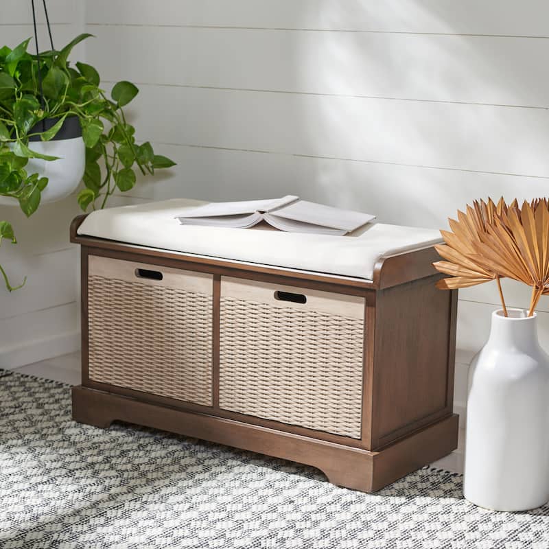 SAFAVIEH Landers 2-Drawer with Cushion Storage Bench - 32.3" W x 15" L x 19" H - Brown