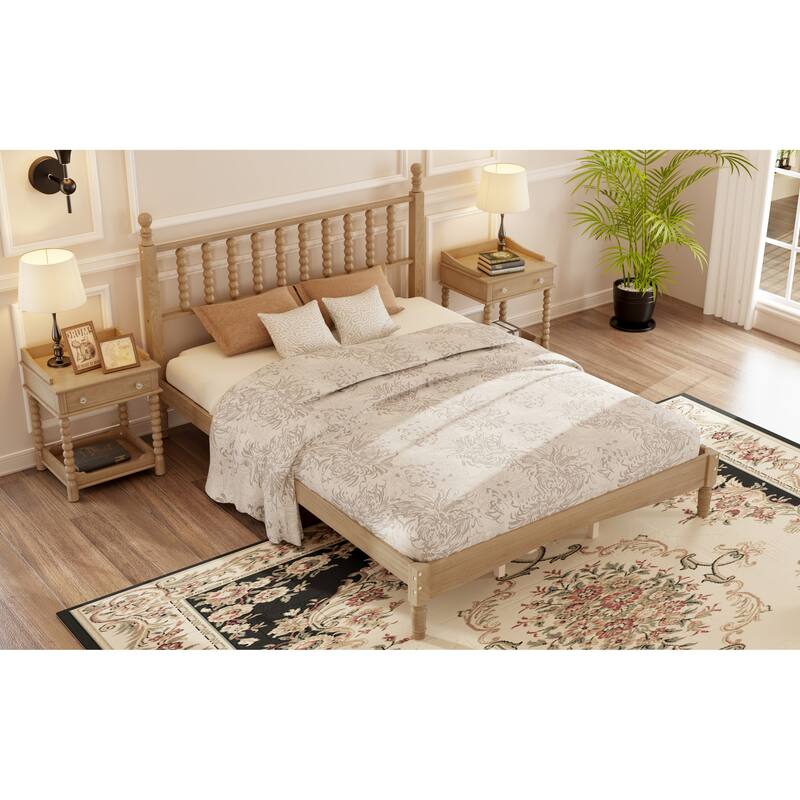 Natural Wood Queen Platform Bed with Curved Gourd Headboard, Vintage-Inspired Frame with Sturdy Slat Support